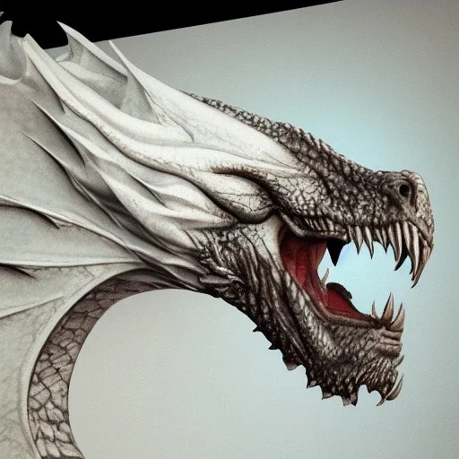  dragon head facing to the side with white, opaque scales, volumetric lighting, photo realistic, dark fantasy, dramatic, ferocious, middle ages, concept art