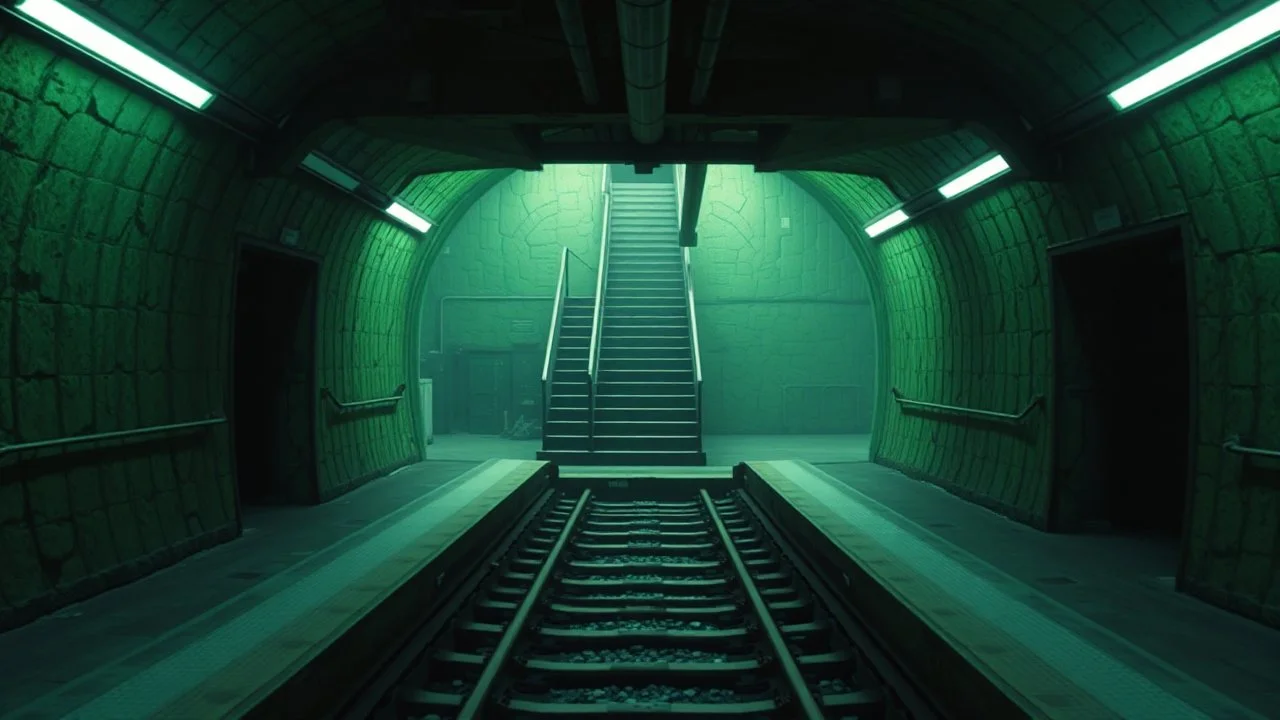 GAME CONCEPT ART .two poin perspective.Station platform and stairs from side .photograph inside of hole .very big ambient.gient station.Inside the old subway tracks, . Low light and closed green moss walls. Like the original design of the game space ,digital art.landscape,far camera old painting,2 Chen and George Hopper, Rembrandt lighting, a dark green color scheme, . --ar 13:16 --v 6. 0 metro game