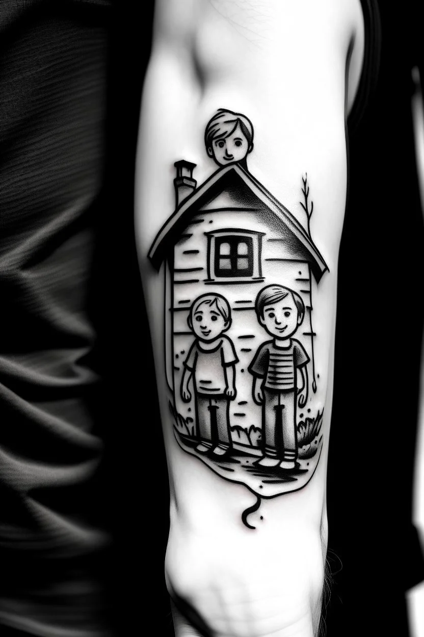 A simple black and white tattoo of three sons, aged 12, 8 & 5 in a house