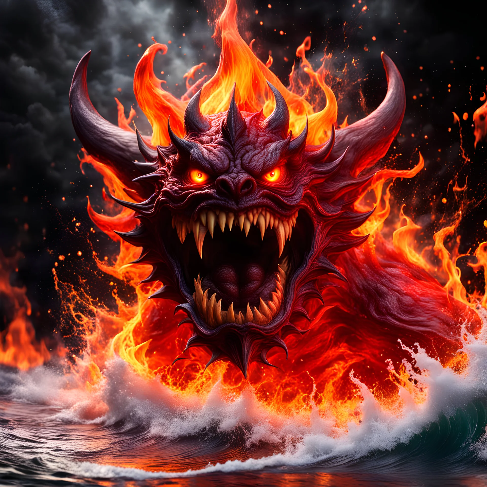3d Reality, The scariest demon monster clay style, fire splashing of monster out from liquid effect, fire colours, light eye, dominating the wave, fully magical hell in the middle, splashes storm around , hell background.