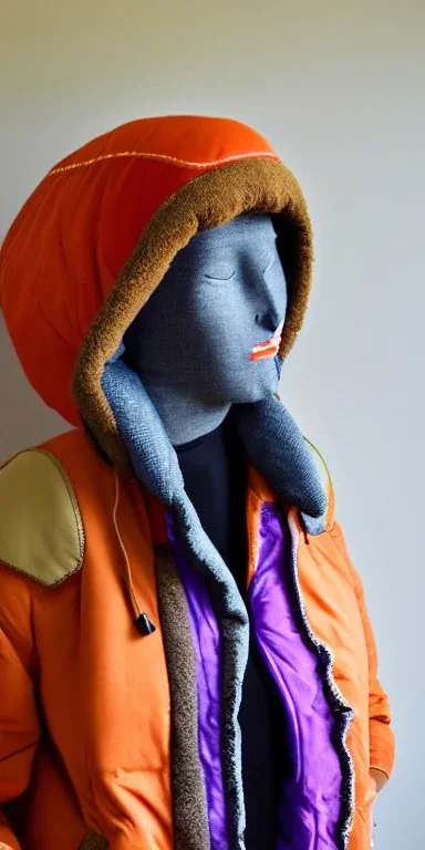 Brunette woman.thick thighs,thick calves,normal bodytype. big head. Mantle is sewed of upcycled Denim and sewed together of camouflage pieces. Colors are orange,red, cream and purple and various denim colors. It is with big bright purple felt tippet and cream-colored-hood. mantle is merged with satchel, ochre. AKG-style headphones (gold rings!) is merged with small felt cap with visor. Style: Haute Couture in 1950's, N.Y.C fashion in 2024, inspired by street art. Cream latex gaiter. Tennis shoes