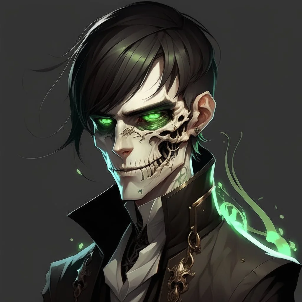 male, half-elf, young, noble, costume, half skull mask, pale skin color