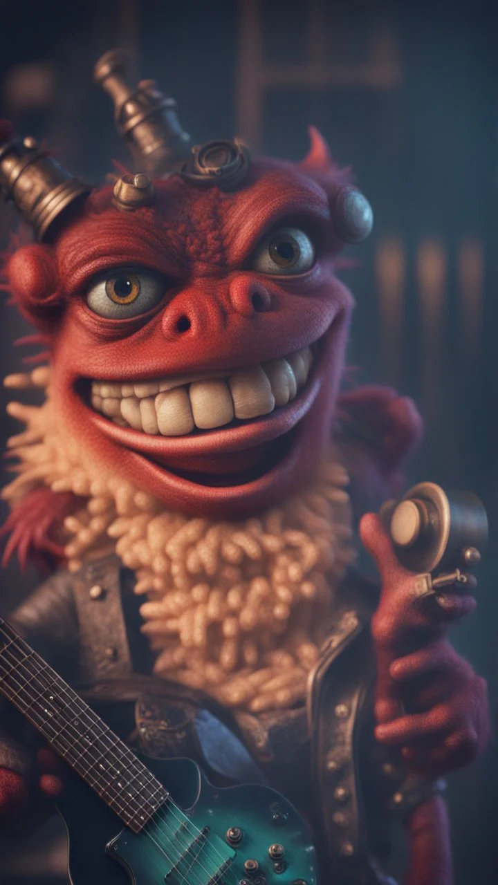 a psychedelic fuzzy muppet show gekko gremlin grinning rock star with club guitar in the style of Fallout 4 and Giger, bokeh like f/0.8, tilt-shift lens 8k, high detail, smooth render, down-light, unreal engine, prize winning