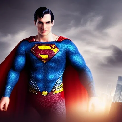 Superman,Ambiance dramatic, cityscape background, dramatic lighting, volumetric lighting, hyperrealisme, 8k, high quality, lot of details, fit within portrait