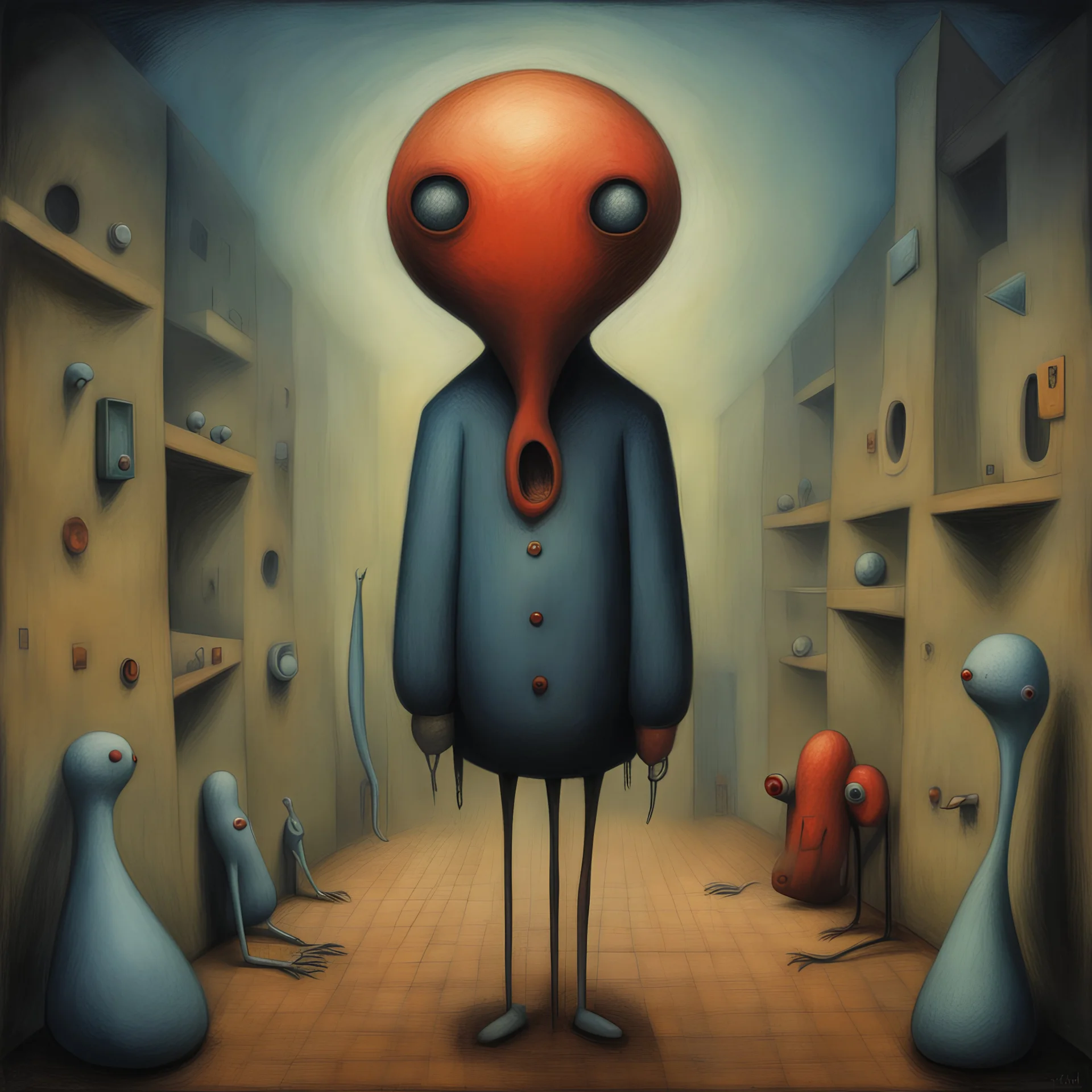 surreal abstract art, paranoid multi-level deep-seated fear of being alone, metaphoric sinister anthropomorphic interconnected weirdlings, weirdcore, unsettling, by Matt Mahurin and Pawel Kuczynski and Joan Miro and Ben Templesmith