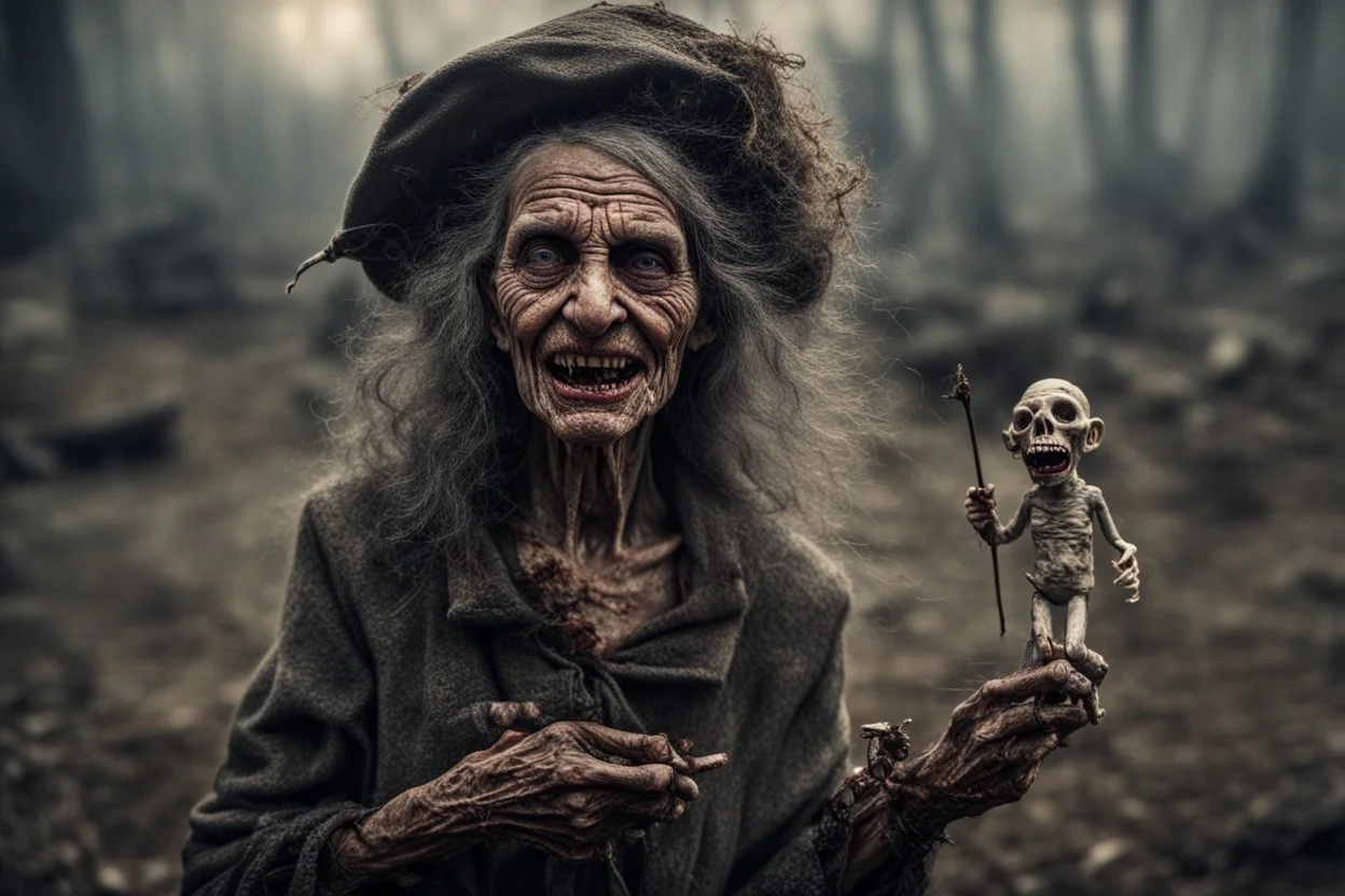 photorealistic. extreme scary and evil elderly skinny witch. with big dirty ugly sharp teeth. with dark curly hair and a long broken nose, holding a vodoo doll in left hand and putting needles in the vodoo dol with right hand, with lots of ghosts flying around, Epic, mysterious environment, 16k, UHD, HDR, (Masterpiece:1.5), Best Quality:1.5) with full blown rabies