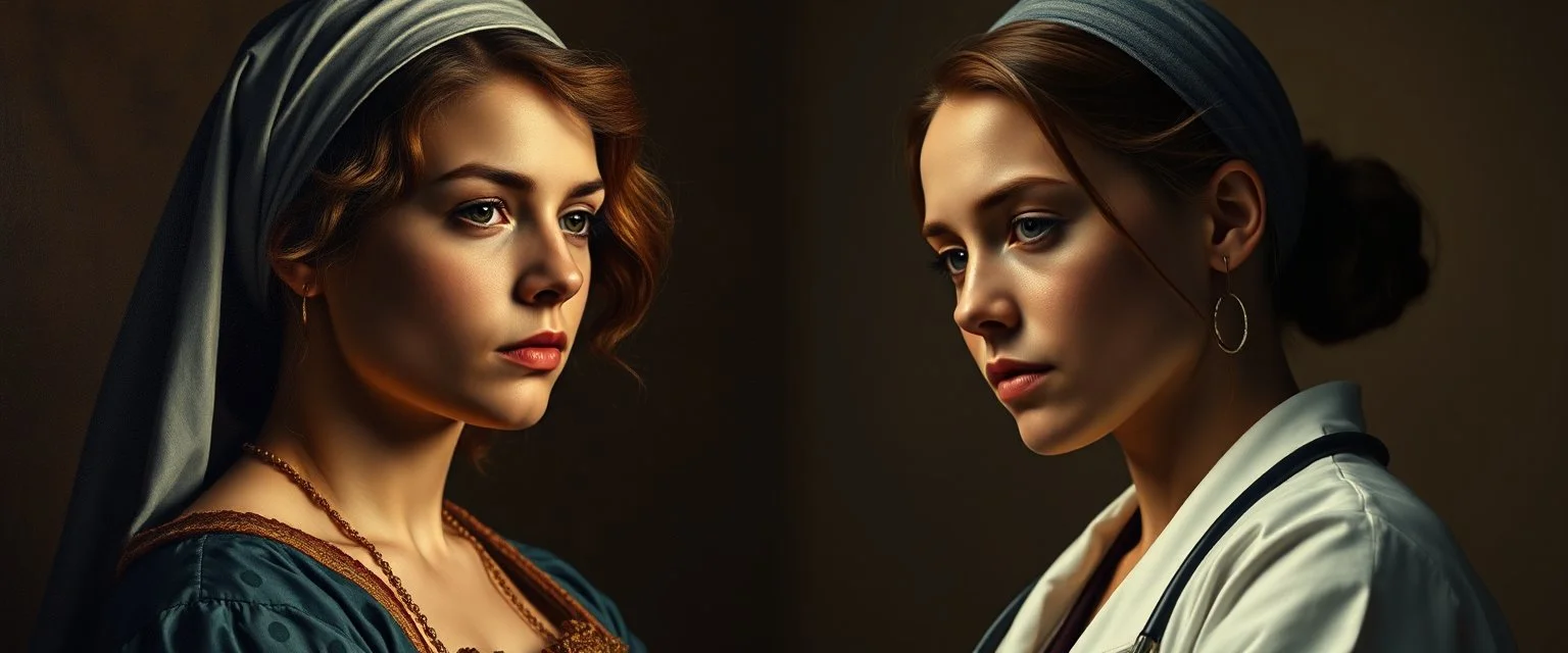 master oil painting by Rembrandt, A cinematic, high-end advertisement image for a fictional service called “Spice Girl Doctors™”. Split-screen composition with two contrasting emotional states.