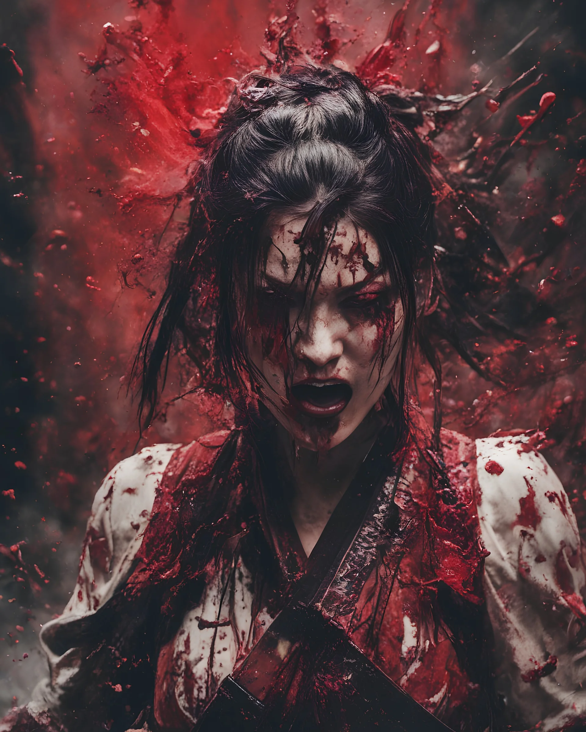 Tall girl samurai, face distorted with pain, screaming, tears streaming from eyes, siting pose, fullbody, splashes blood, behind guts rising from the ground, intricate, darkred tones, macro photography,