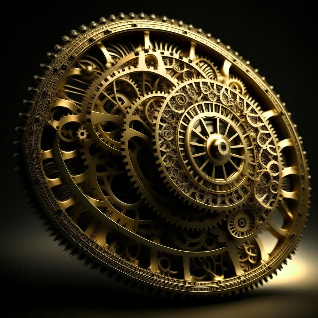 Create a 3d fractal base wall clock with see throgh golden gears rotating , showcasing a harmonious and synchronized movement. that show fast time passing in a beautiful abstact environment