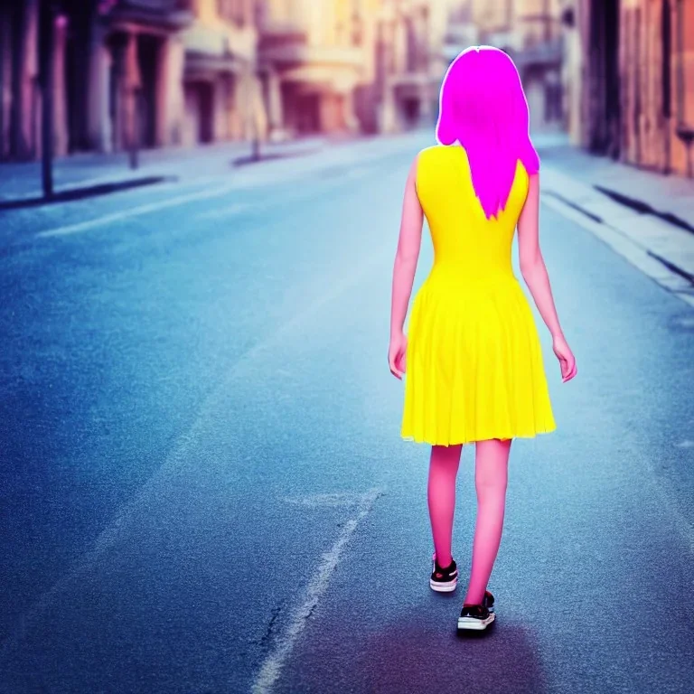 Beautiful lonely girl who walks along a street without people at dawn. You see her from behind. She wears a very short yellow dress. She has short pink hair with glowing crystals. Full body, 8k resolution concept art. Professional Photo HD. Stylish. Warm vivid colors. Panoramic