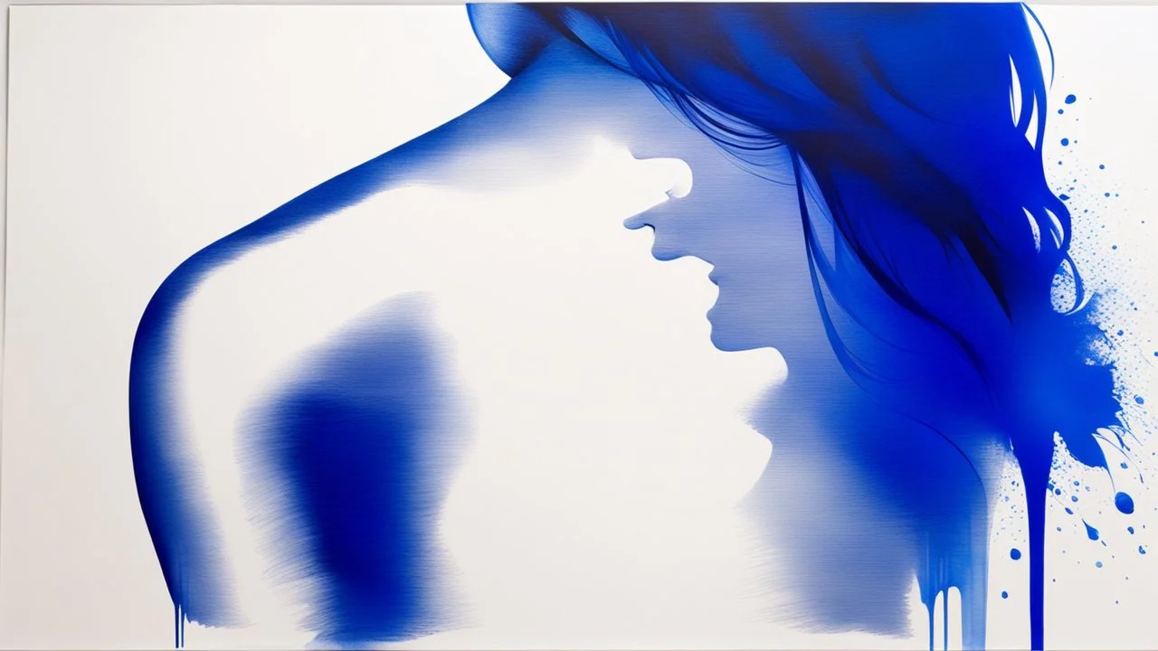 dissolving into tears: the women rear view, head bent forward, blue ink painting, , negative space