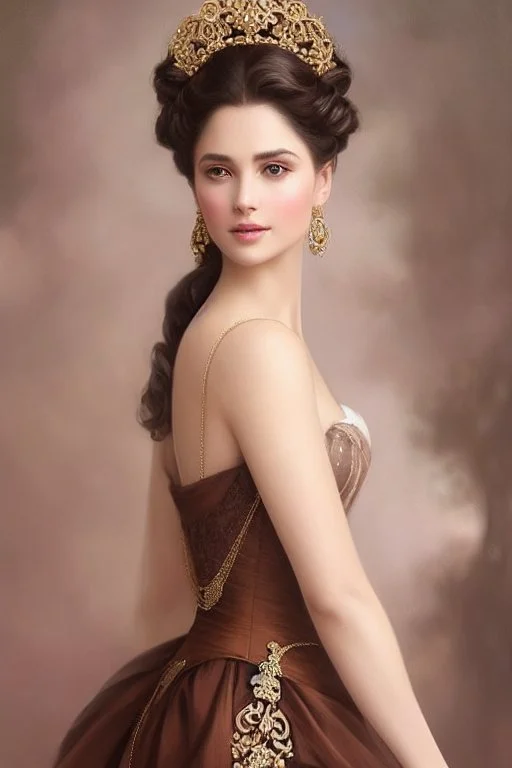 long shot beautiful and gorgerous duchess with incredible jewellery in 19th century clothing by Greg Rutkowski and Artgerm and Emile Vernon and Vladimir Volegov, in a brown dress, mystical castle background, art illustration, natural beauty, muted colors, pastels, perfect fingers, higly detailed, expressive, high detail, symmetrical, digital painting, symmetrical eyes, dynamic lighting, artstation, cinematic lighting, intricate artwork, emitting diodes, smoke, artillery, sparks, racks, system u