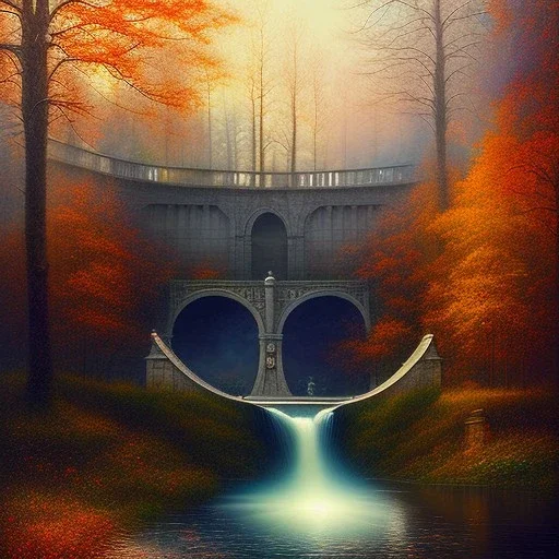 spray painted fantasy art, blurred realism, color corrected, white balance, book illustration,upper body of a realistic photo mondell by a dam ,autumn water, colorful, evening