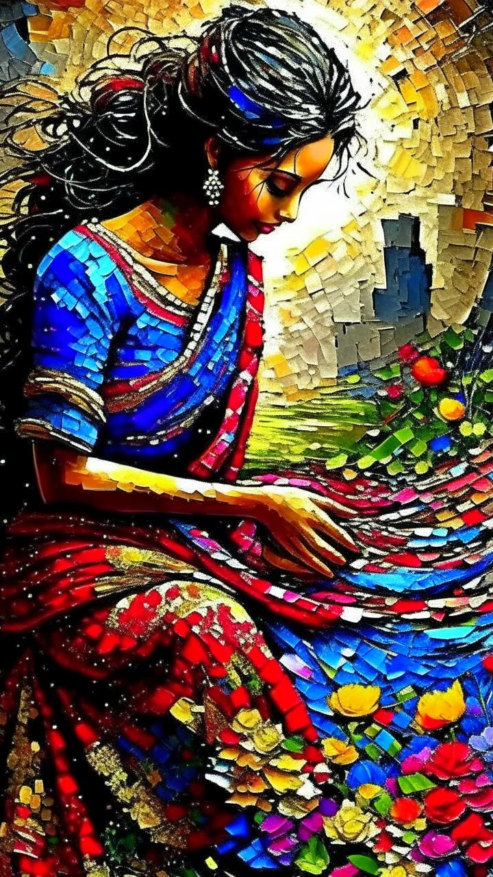 Bosch painting style "Midnight Serenade unique" low view angle shot down sunset large close up a beautiful street with colorful wild flowers on both sides , granite terrazzo motifs with puzzle modern , clothing is decorated with colorful filigree abstract, Collage chutes papiers magazines,Spirograph background by Nisa Kiley, Textile Artist،