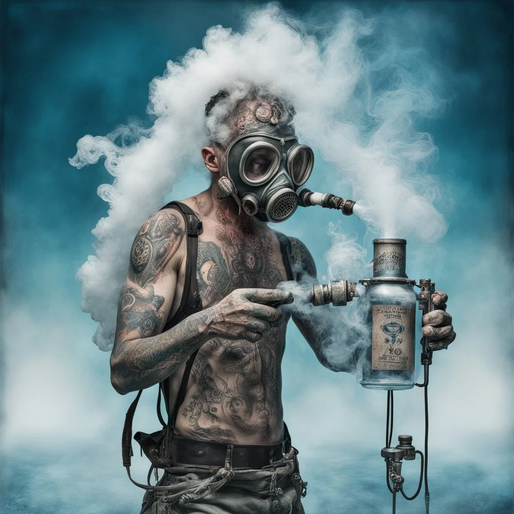 heavy dry ice vapors, young man with tattoos wearing gas mask-like contraption tubes running to an icy blue vapor leaking cannister reading text "40 BELOW", dry ice vapor effects, background sideshow carnival, psychedelic, colorful, digital art, gritty, hyperrealistic, weirdcore, by Joel-Peter Witkin