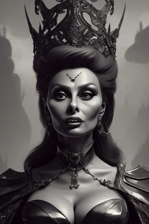 Sophia Loren as evil queen in black leather, cleavage, angry, stern look. character design by cory loftis, fenghua zhong, ryohei hase, ismail inceoglu and ruan jia. unreal engine 5, artistic lighting, highly detailed, photorealistic, fantasy