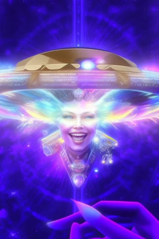 cosmic woman smile, admiral from the future, one fine whole face, crystalline skin, expressive blue eyes,rainbow, smiling lips, very nice smile, costume pleiadian, Beautiful tall woman pleiadian Galactic commander, ship, perfect datailed golden galactic suit, high rank, long blond hair, hand whit five perfect detailed finger, amazing big blue eyes, smilling mouth, high drfinition lips, cosmic happiness, bright colors, blue, pink, gold, jewels, realist, high commander