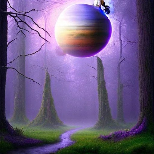 rainy forest with a purple planet over the land