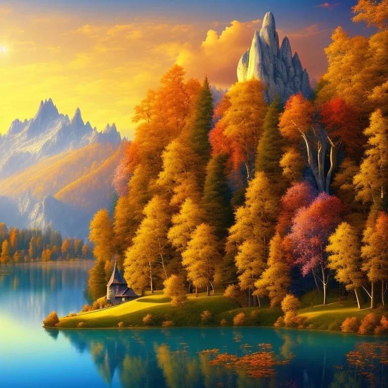 vector illustration of alpine mountains, stone trees, palace on the lake, autumn colors, creme background