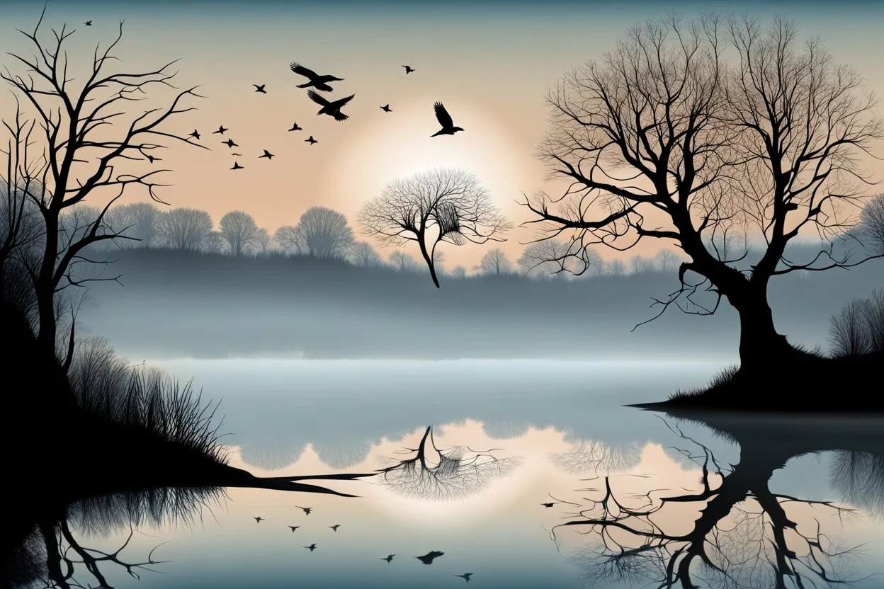 Illustration of a lonely dark tree with barren branches stands on a water's edge, reflected in the water, fog, crows on the sky, mystical landscape, sinister mood, line art