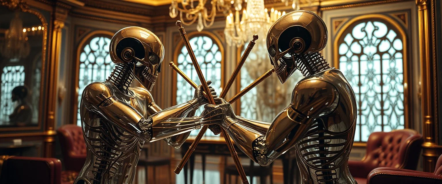 Lotsa shiny transparent brass and tinted glass goths pushing each other with sticks in dramatic scene in luxury parlour in the style of Giger and Escher