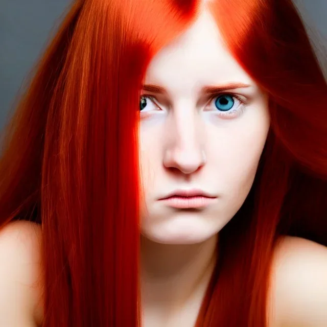 face of a young woman head and gaze downcast with fine features and long red hair