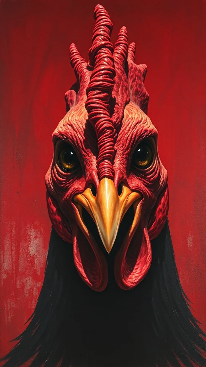 Bosch style painting , A shadow of a spirit inside a bloody red chicken head with eyes open wide details on red bloody background