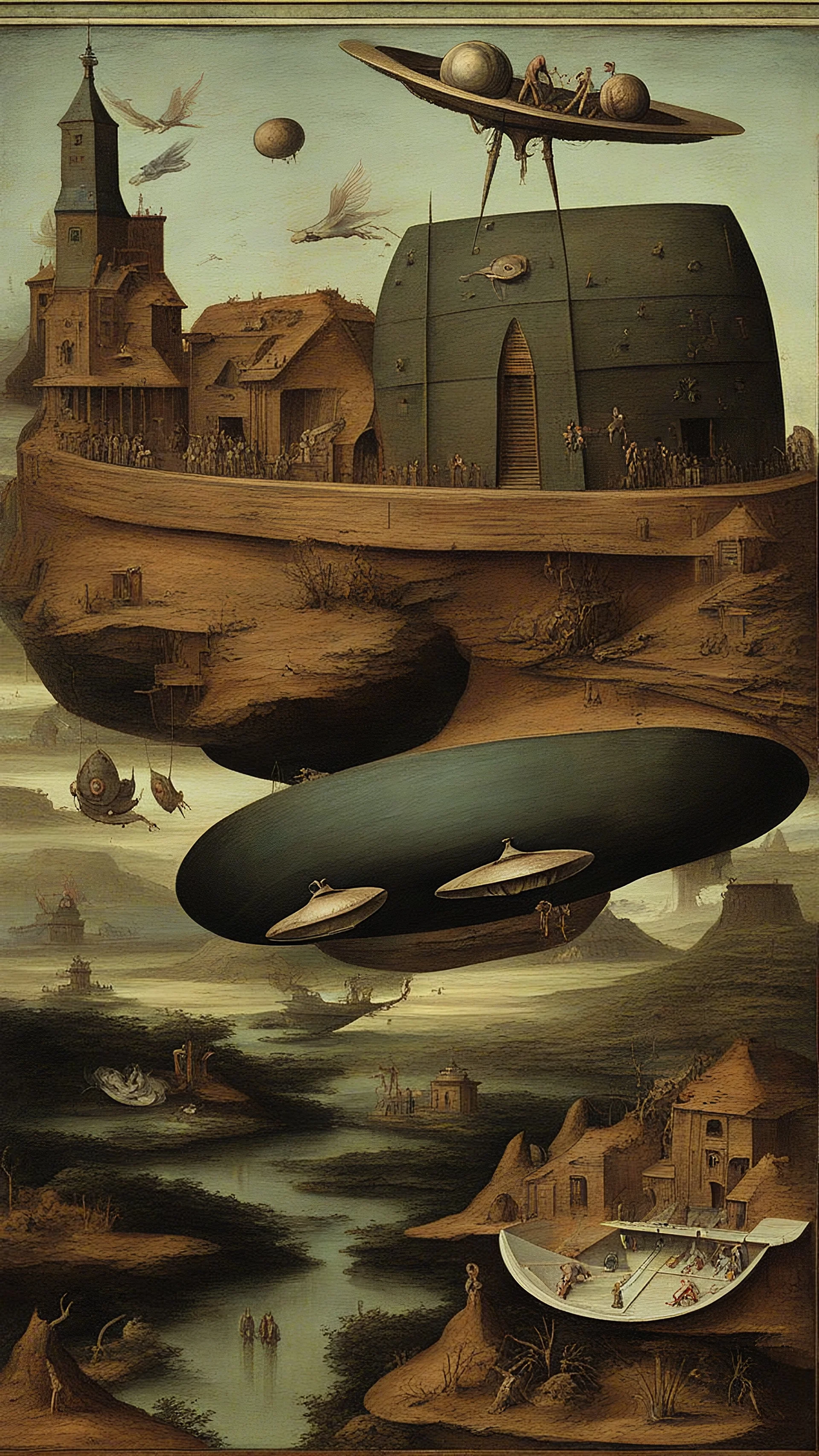 Hieronymus Bosch style nightmare Noah Ark ufo spaceship hovering above from a distance