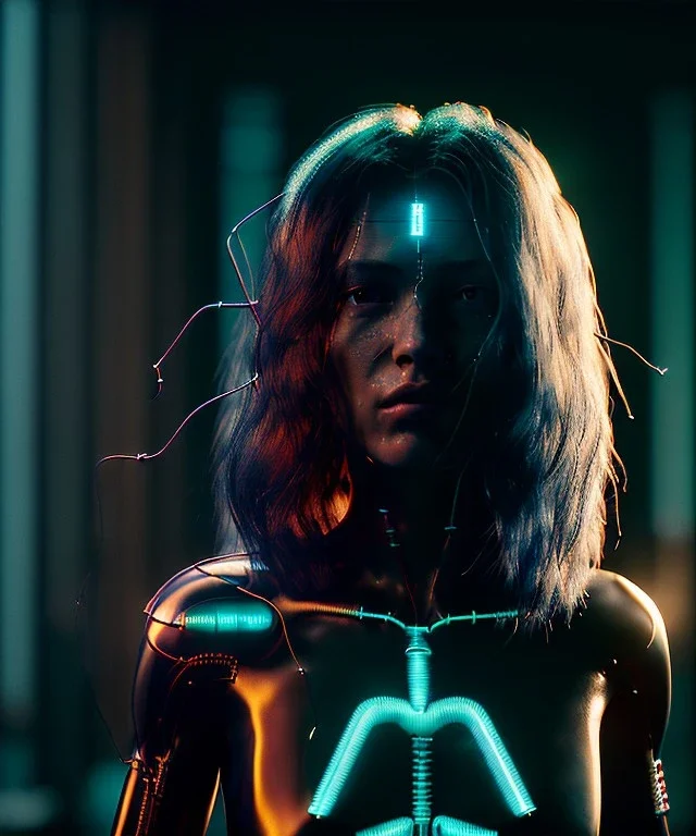 Ultra realistic photographic night portrait, cinematic, naked, long hair, latex <sexy woman> <hanging wires> many wires coming out of the head <perfect pupil> <cyborg> <garage> <wide angle Shot> <sci-fi futuristic> <thriller>, fog, soft color, highly detailed, unreal engine 5, ray tracing, RTX, lumen lighting, ultra detail, volumetric lighting, high definition.