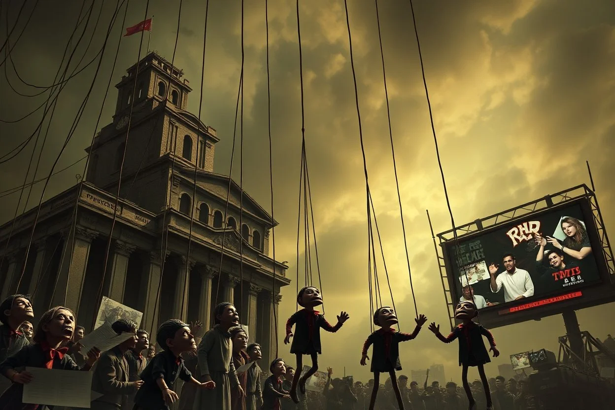 a cruel oppressive government towers above, pulling the strings of puppets below, the news media happily broadcasting the puppets' suffering everywhere, dystopian, dread, horror