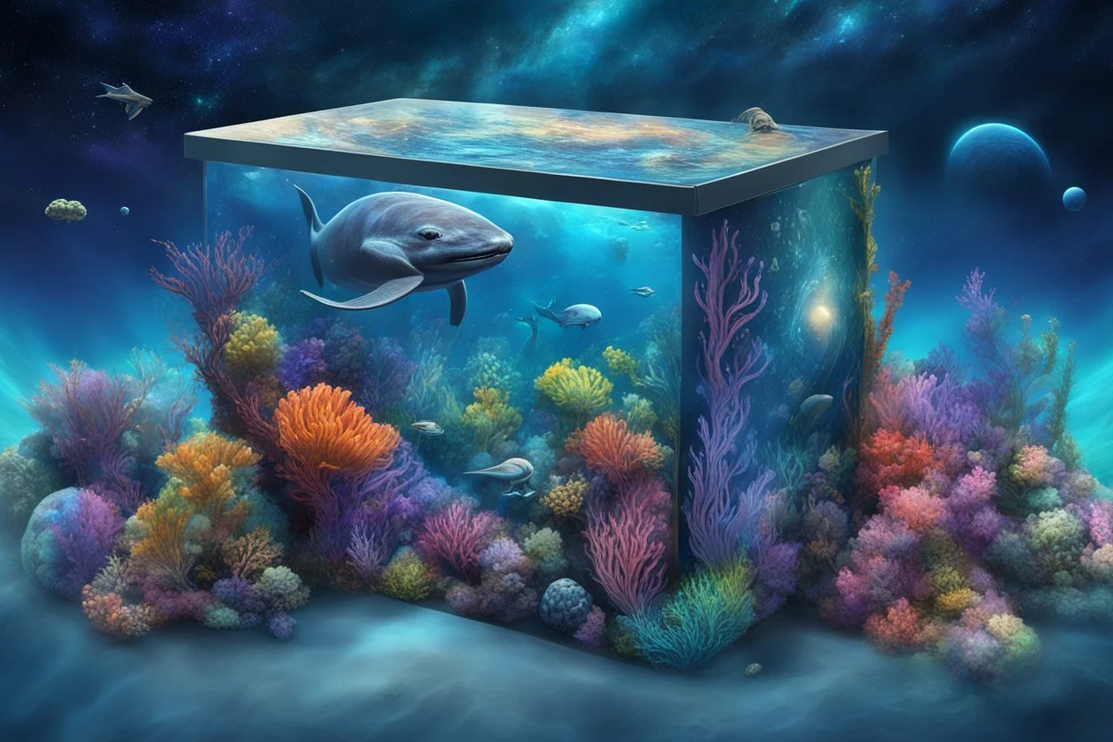 hyperrealistic, 4k, box for storing things with beautiful drawings a lot of colours, very detailed, subnautica, sea plants, seal leviathan, planets space, galaxies,