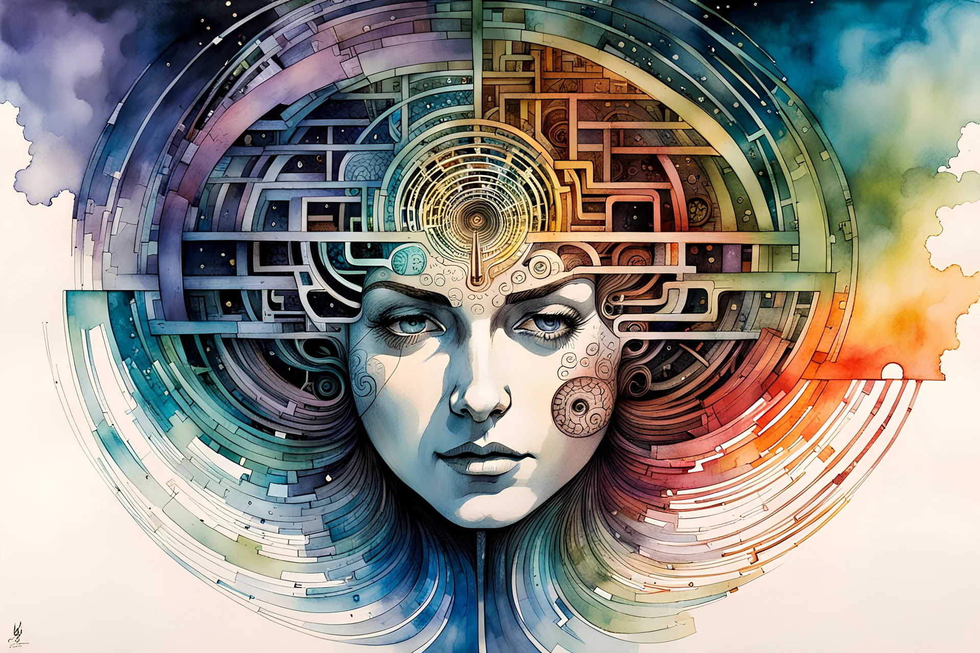 an ink wash and watercolor portrait of the inner workings of the human mind as twisted and convoluted labyrinth , Tracy Adams , Gabriel Pacheco , Douglas Smith , Bill Sienkiewicz, and Jean Giraud Moebius , vibrant natural color, sharp focus, ethereal and filled with wonder
