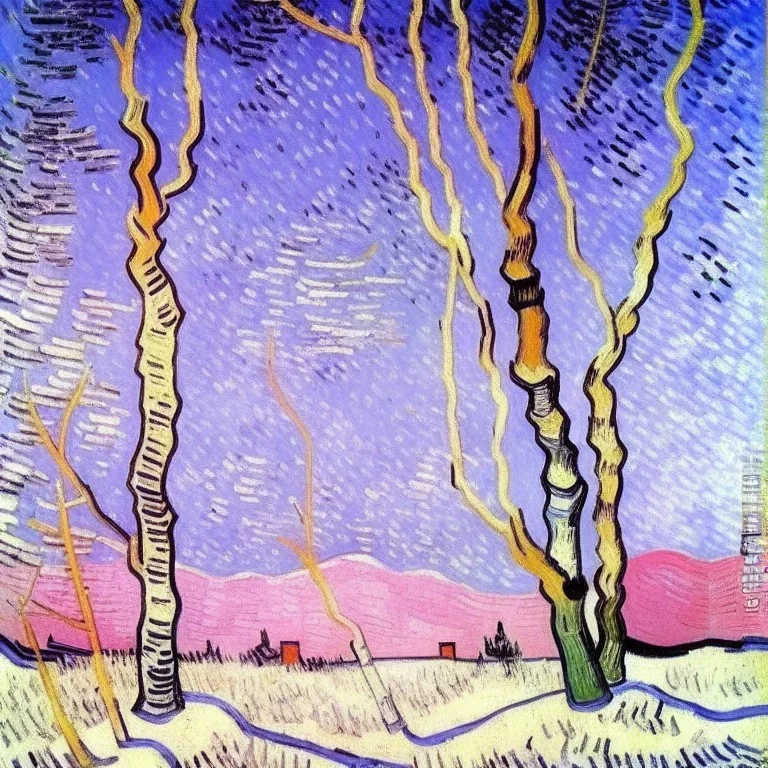 painting of birch tree in snow by van gogh pink sky