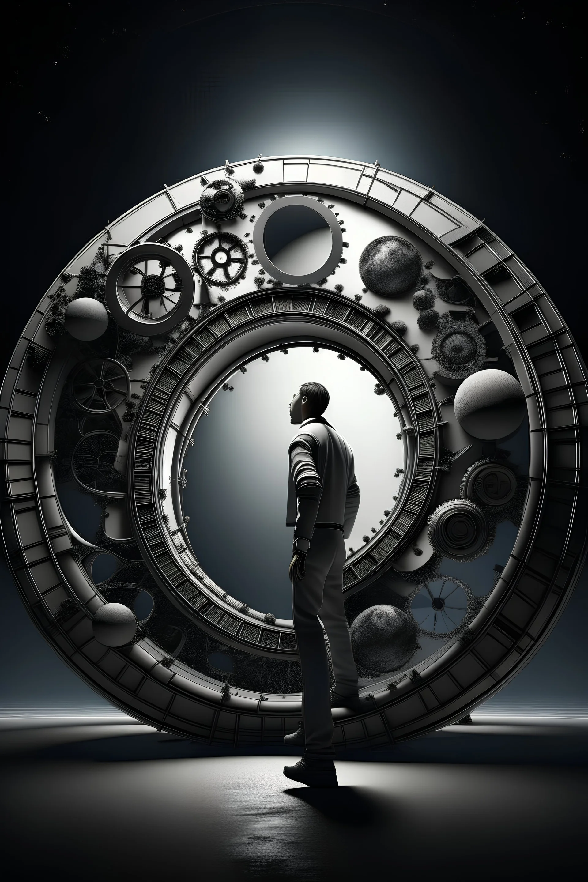 A portrait of a man standing Infront of a portal that is made up of different clocks on the moon and portal is pulling things around him with its force and the man is positioned and ready to jump