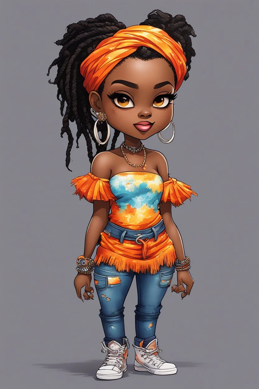 create a colorful abstract comic book art image 8k of a chibi curvy black female wearing torn jeans pants with fringe on the side and a orange-tie dye off the shoulder blouse. Prominent make up with hazel eyes. Highly detailed long Senegalese twist in a hair wrap