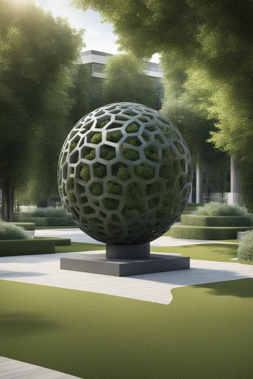 оформление территории со статуей шара виде атома/молекула