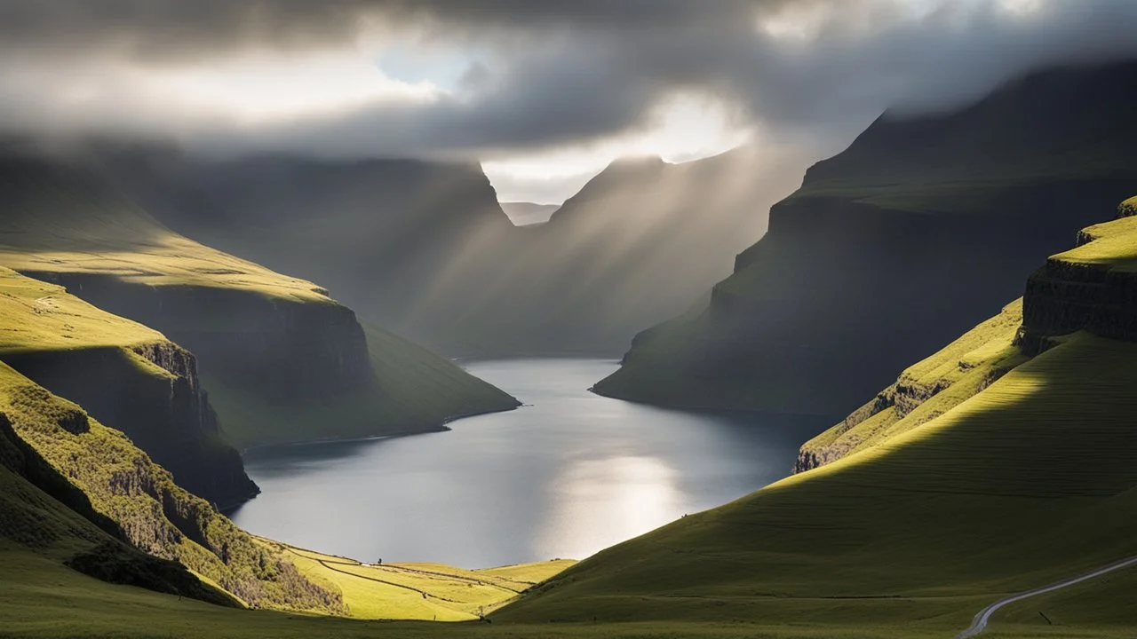 Mountainous landscape on the Faroe Islands, dramatic sunlight, chiaroscuro, awe-inspiring, beautiful composition, award-winning photograph