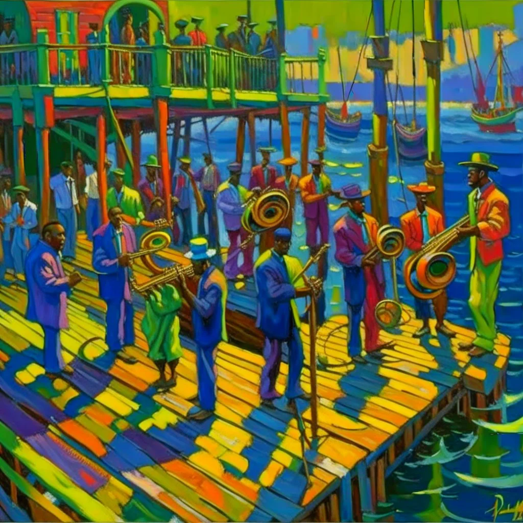 Vivid color oil painting of a brass band standing on the pier in front of a small fishing harbor, orchestra, jazz club 1 9 3 0 seconds, band playing instruments, musician, musicians, band, musicians playing instruments, the last orchestra, conductor, by Aaron Douglas , Jazz Quintet, by Carey Morris, band player, concert, by Baron Storey, entertainer, by Jasper Knudsen, silhouettes