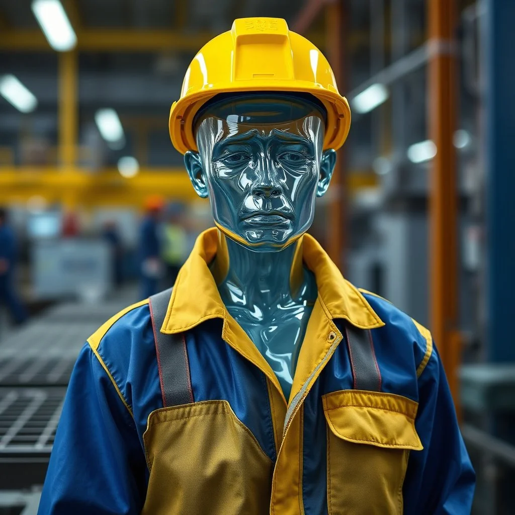 an very sad transparent glas man with blue and yellow working clothes, in a factory, nobody cares about the empty glas man, that is why he is so sad :( , he had worked 30 years in the factory and never had a salary increase, tears in his eyes, the working man is transparent, everyone see through him