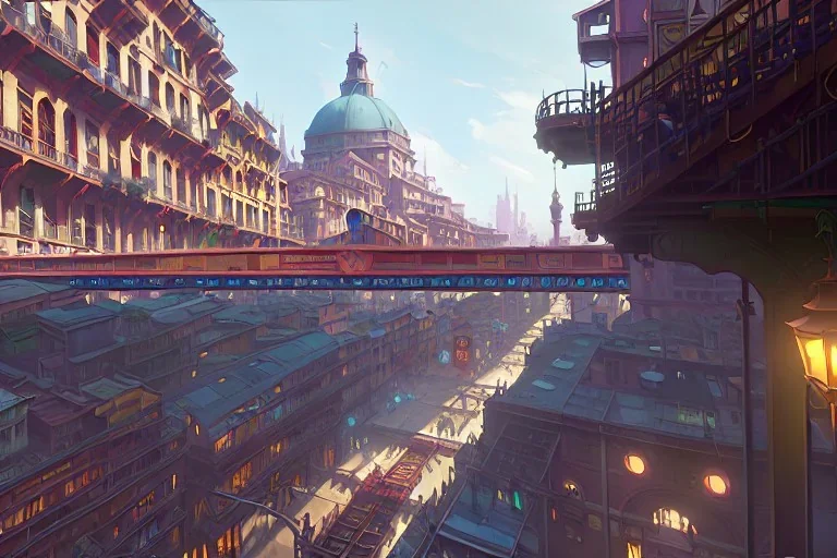 Elevated Train pass+train corner building+colorful genoa street+Italian medieval town+Italian city sea+alphonse mucha, greg rutkowski,matte painting, cryengine, hyper detailed, felix kelly, fantasy art, seb mckinnon