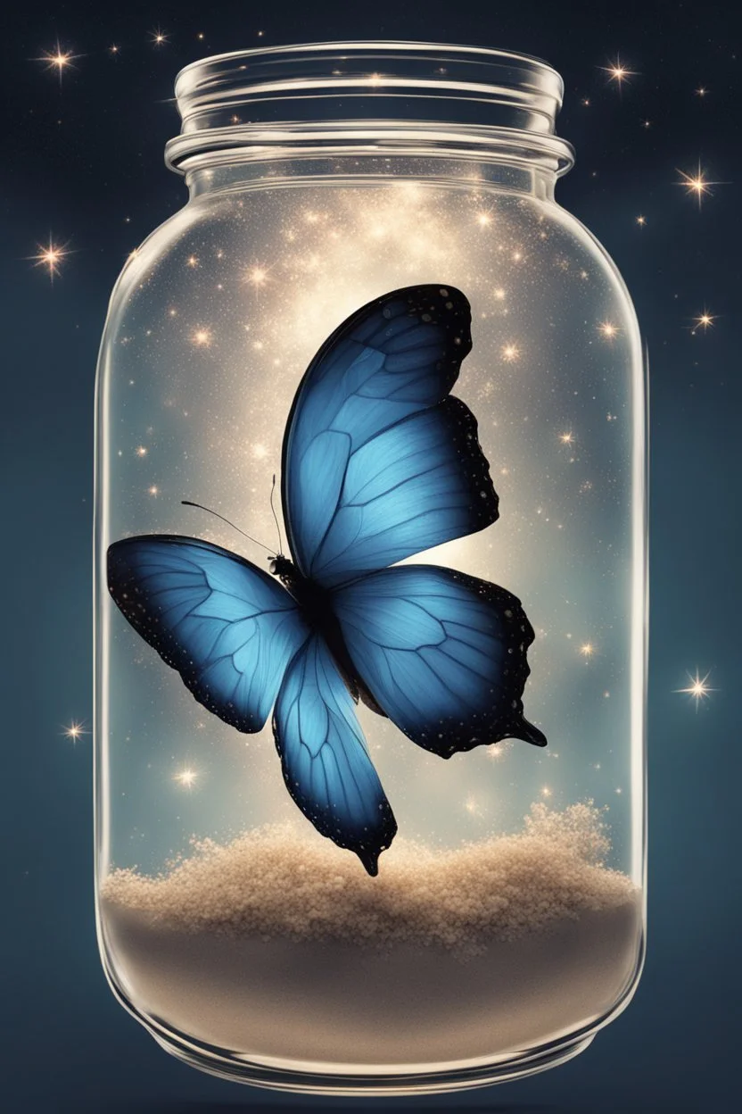 A light blue butterfly in a jar of stars