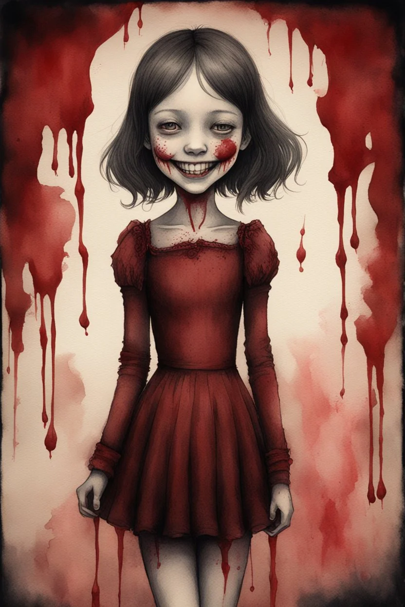 body anormal, smile blood, girl cute, watercolor illustration by <John Kenn Mortensen>, darkred tones,