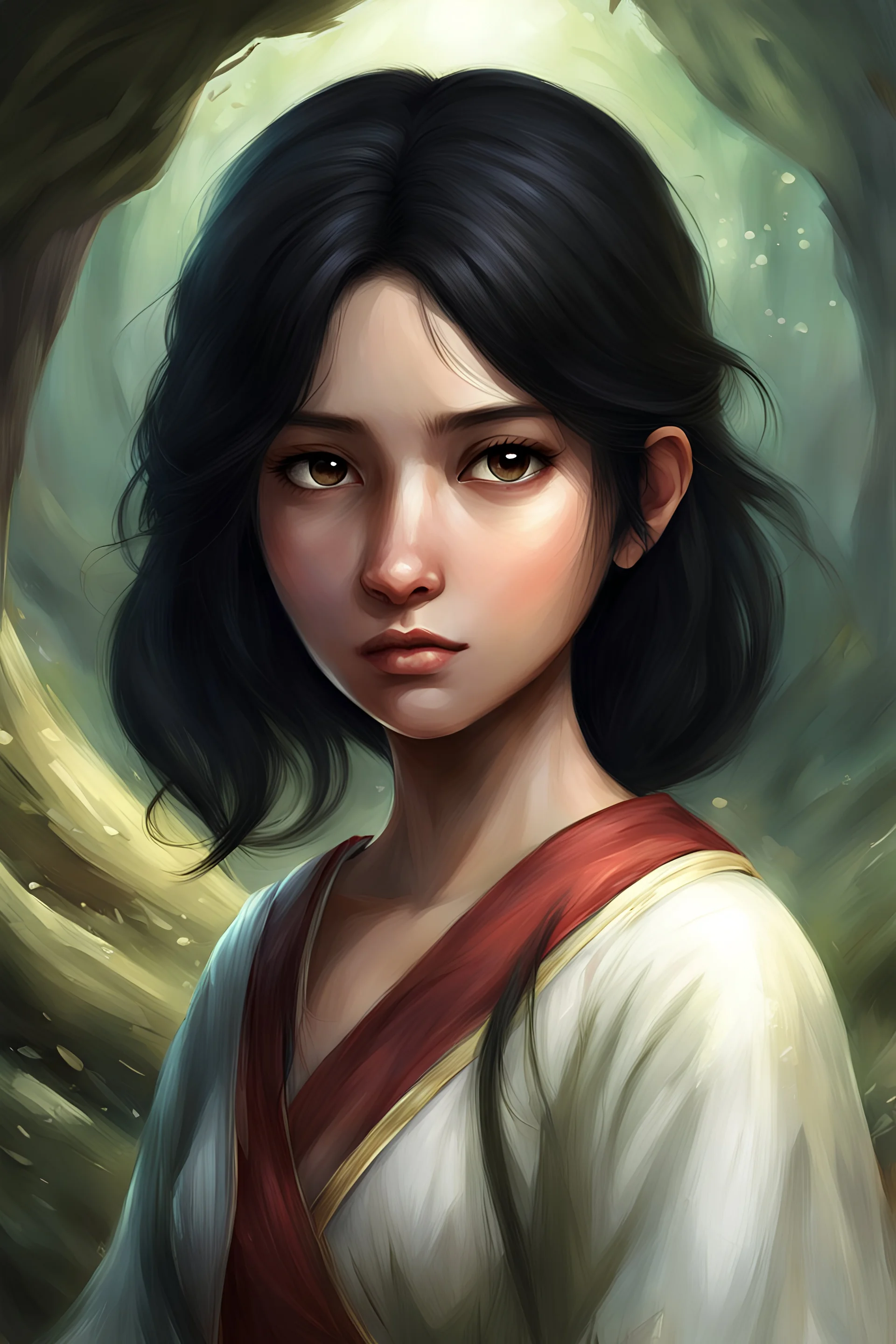 illustration {a woman, villager, fantasy, black hair} digital art, semi-realistic, fantasy