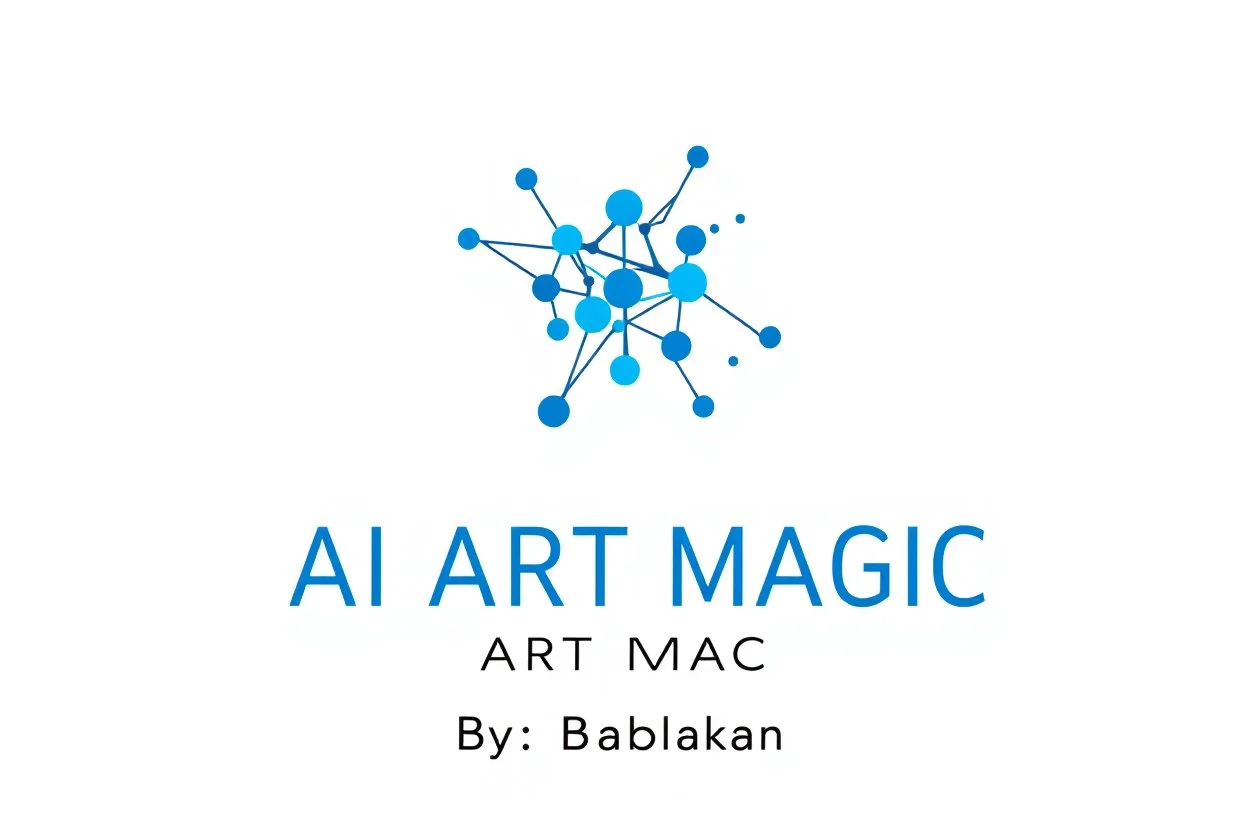 A minimalist and professional logo design for a 3D motion graphics studio. The icon features an abstract, geometric shape formed by flowing nodes and interconnected lines, symbolizing complex particle flow and procedural animation. Sleek, modern, and clean aesthetic. High contrast, vector style, white background, solid vibrant blue and deep charcoal grey color palette. Flat design, scalable, professional typography space underneath.add text "AI ART MAGIC By: Babakan" with pretty style.