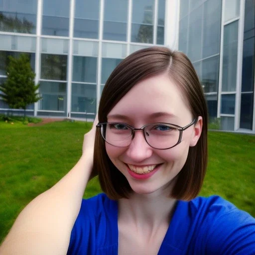 A short haired, female software engineer taking a selfie in front of Building 92 at Microsoft in Redmond, Washington