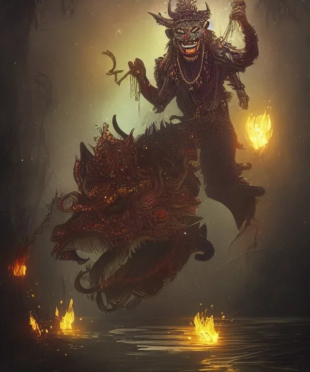 Barong the balinese demon glowing with magical fairy dust, whimsical fantasy art, award winning painting, highly detailed digital art, high contrast, dark background, beautiful composition, masterpiece, trending on artstation