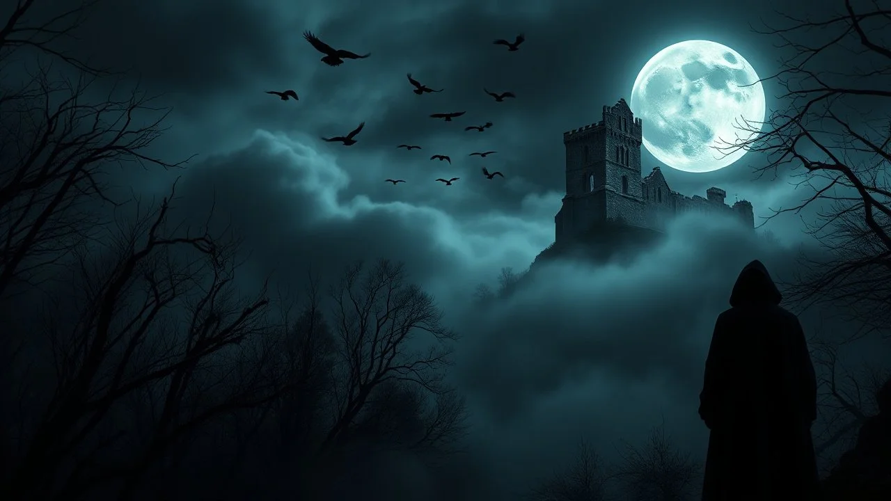 A dark gothic fantasy landscape at night, cinematic wide shot, a ruined gothic castle standing on top of a steep hill on the right side of the image, illuminated by a large full moon high in the sky. Thick rolling fog drifts across the ground and around the hill. Several raven silhouettes fly across the moonlit night sky. On the left side, a dark, dense forest with twisted, leafless trees. At the edge of the forest stands a lone black-hooded figure, seen from behind, fog, cinematic