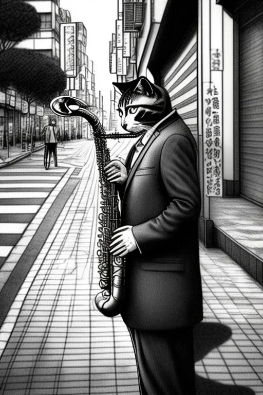 One single mature cat playing saxophone on the street, Osaka, thoughtful, mourning, model style, hyper realistic, extremely accurate, delicate, extremely detailed, Graphic novel style, wide-angle, open aperture, superfine pencil