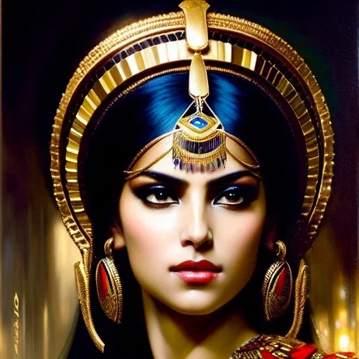 portrait beautiful face Cleopatra ,busty,ancient metal armor balanciaga fashion clothe painting by gaston bussiere, greg rutkowski, yoji shinkawa, yoshitaka amano, tsutomu nihei, donato giancola, tim hildebrandt, oil on canvas, cinematic composition, extreme detail,fit full head inside picture