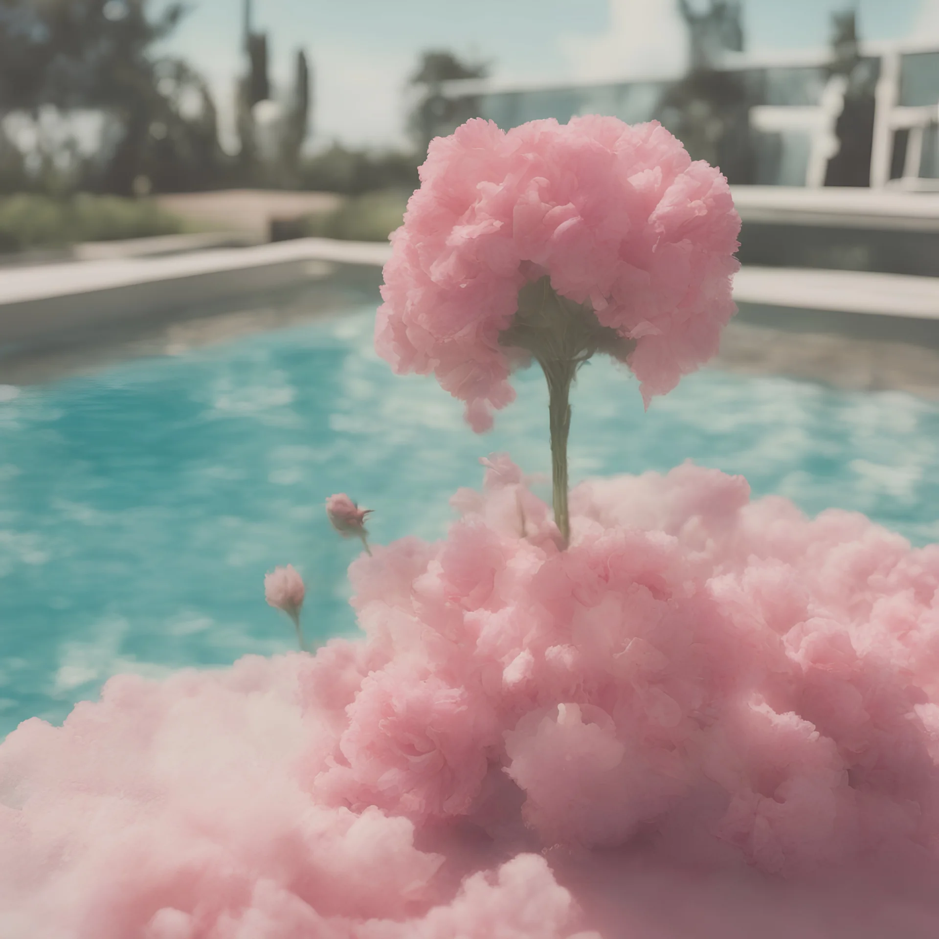 Pink cloud, Carnations in a swimming pool, damaged polaroid, sunny day